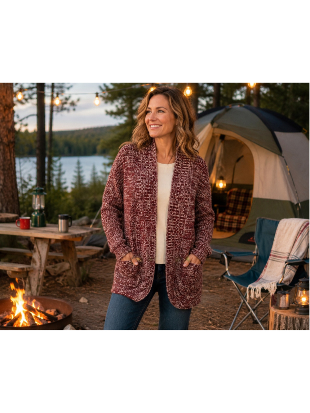 Women's Pink Rose Cardigan Sweater Size M Burgundy White Knit